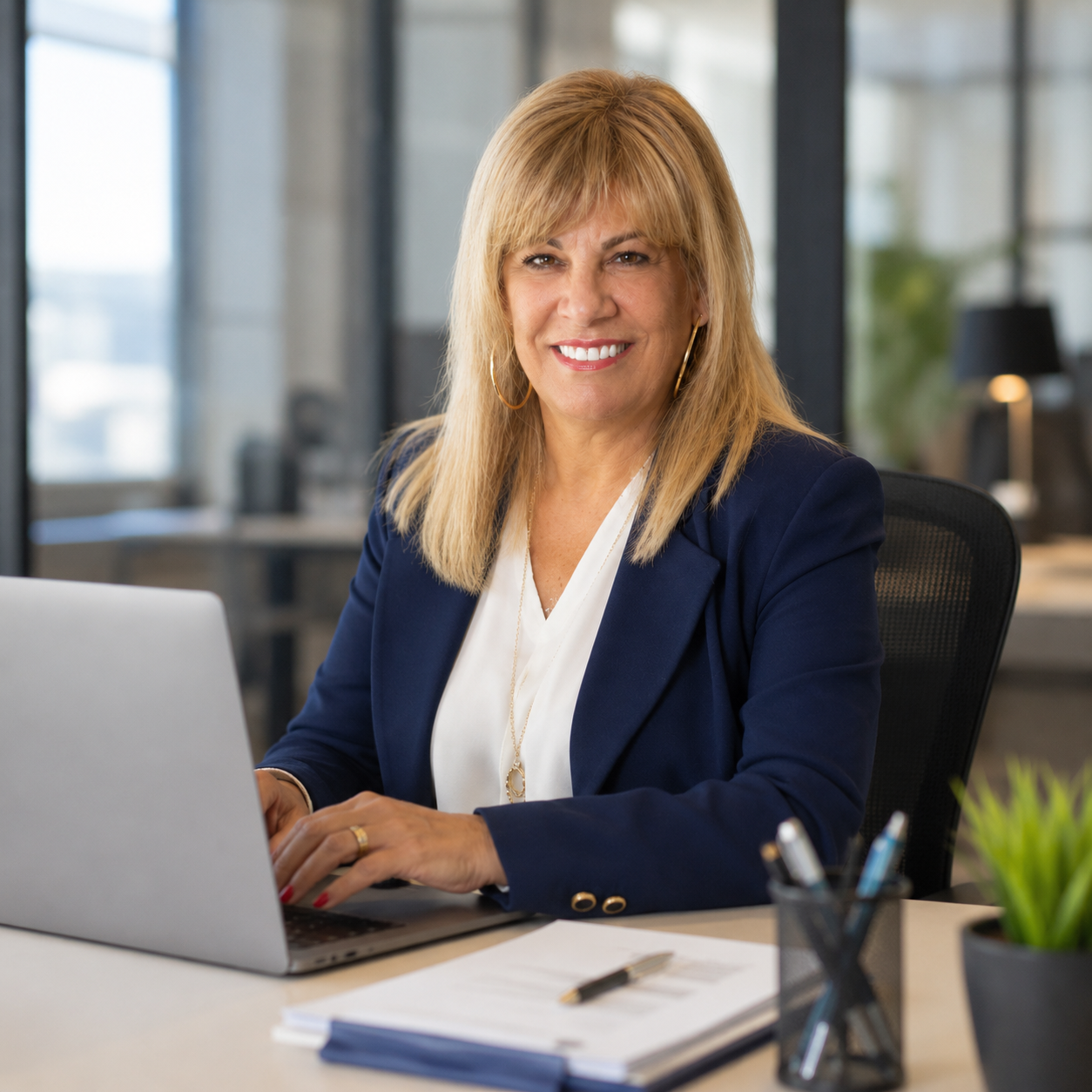Giuseppina Mauro al lavoro al computer nel suo studio